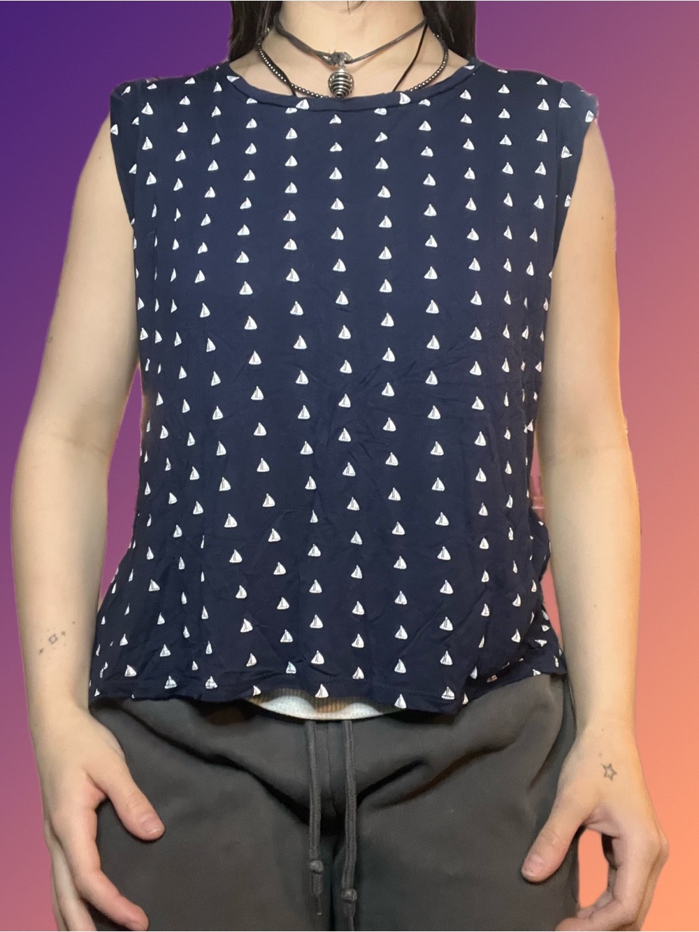 W5 Navy Tank with White Sailboat Print